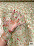 Floral Printed Silk Chiffon - Soft Green / Peach / Strawberry