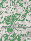 Floral Sketch Printed Crinkled Silk Chiffon - Kelly Green / Off-White / Black