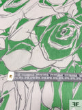 Floral Sketch Printed Crinkled Silk Chiffon - Kelly Green / Off-White / Black