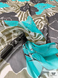 Floral Hypnosis Printed Crinkled Silk Chiffon - Turquoise / Army Green / Black