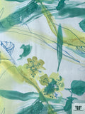 Painterly and Floral Sketch Printed Silk Chiffon - Lime / Teal / Seafoam