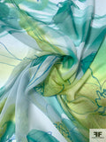 Painterly and Floral Sketch Printed Silk Chiffon - Lime / Teal / Seafoam