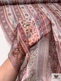 Traditional Floral Striped Printed Silk Chiffon - Dusty Strawberry / Sky Blue / Off-White
