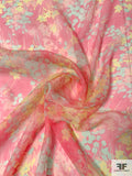 Italian Floral Shrub Silhouettes Printed Crinkled Silk Chiffon - Summer Pink / Yellow / Celeste