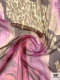 Large-Scale Floral and Animal Pattern Printed Crinkled Silk Chiffon - Orchid / Brown / Olive