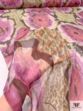 Large-Scale Floral and Animal Pattern Printed Crinkled Silk Chiffon - Orchid / Brown / Olive