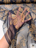 Italian Ralph Lauren Exotic Bouquets Foil Printed Fine Silk Chiffon - Dark Navy / Gold