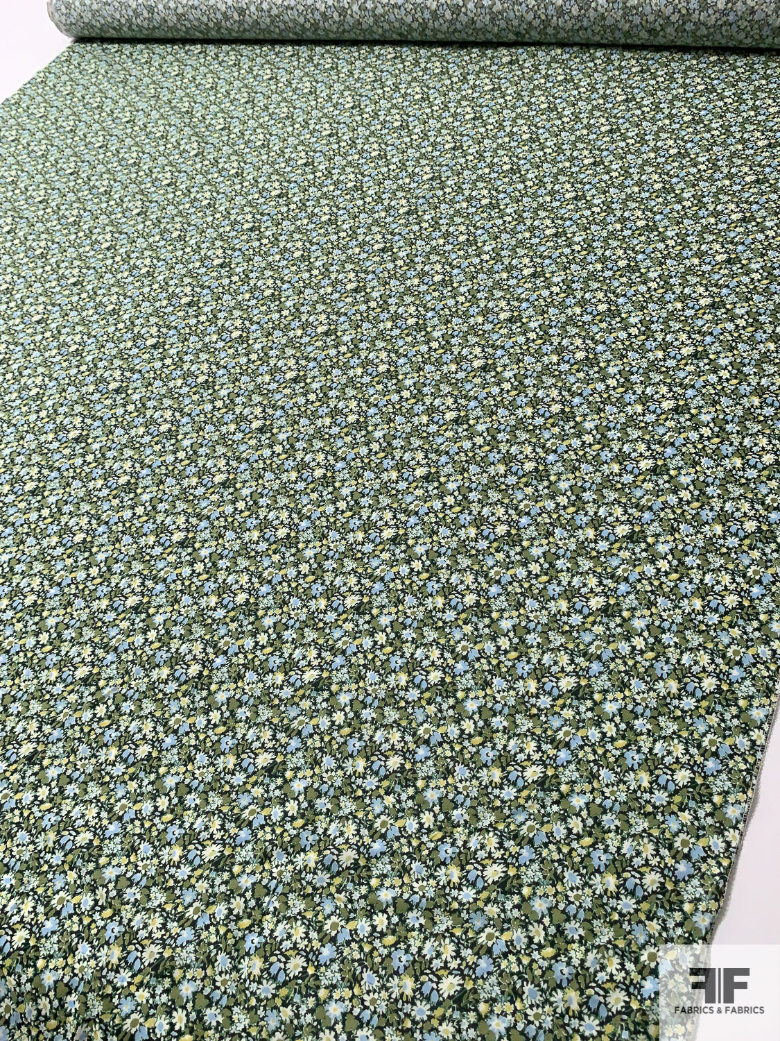 Italian Ditsy Floral Printed Cotton Lawn - Moss Green / Evergreen / Baby  Blue - Fabric by the Yard