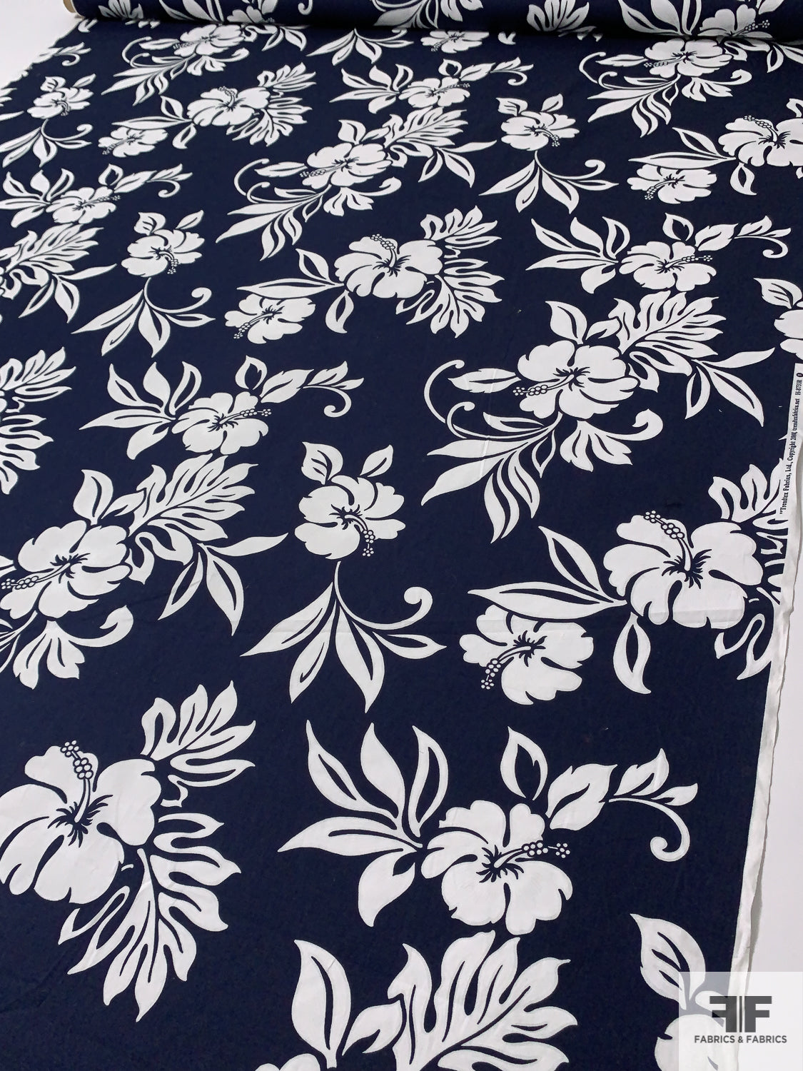 Floral lace fabric, white and navy color daisy fabric