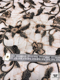 Floral Vines Printed Cotton Voile with Stitched Vertical Striped Detailing - Tan / Off-White / Black
