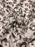 Floral Vines Printed Cotton Voile with Stitched Vertical Striped Detailing - Tan / Off-White / Black