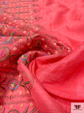 Boho Chic Double Border Pattern Embroidered Silk and Cotton Shantung-Like Voile - Hot Coral Pink / Multicolor