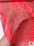 Boho Chic Double Border Pattern Embroidered Silk and Cotton Shantung-Like Voile - Hot Coral Pink / Multicolor
