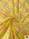 Cotton Voile with Diagonal Plaid Embroidered Design and Border Color Contrast - Bright Yellow / Pink / Green