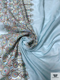 Boho Chic Double Border Pattern Embroidered Silk and Cotton Voile - Minty Seafoam / Mulitcolor