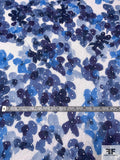 Watercolor Floral Printed Embroidered Eyelet Cotton Voile - Shades of Blue / White