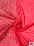 Boho Chic Double Border Pattern Embroidered Silk and Cotton Voile - Hot Coral Pink / Multicolor