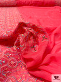 Boho Chic Double Border Pattern Embroidered Silk and Cotton Voile - Hot Coral Pink / Multicolor