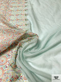Boho Chic Double Border Pattern Embroidered Silk and Cotton Voile - Light Mint / Multicolor