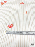Vertical Striped Cotton Shirting with Ditsy Floral Embroidery - Off-White / Tan / Orange