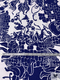 Abstract Collage Printed Stretch Cotton Pique - Navy / White