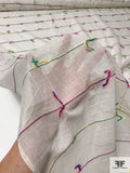 Cotton Voile with Horizontal Striped Yarn Stitching - Sea Green / Yellow / Magenta / Purple / Light Ivory