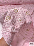 Floral Snowflake Embroidered Striped Cotton Shirting - Soft Pink / Gold / White / Dusty Rose