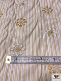 Floral Snowflake Embroidered Striped Cotton Shirting - Tan / Gold / Off-White