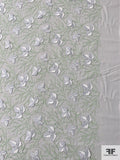 Embroidered Stretch Polyester Blend Crepe with 3D Leaf Appliqué - Grey / Sage / Off-White