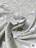 Embroidered Stretch Polyester Blend Crepe with 3D Leaf Appliqué - Grey / Sage / Off-White