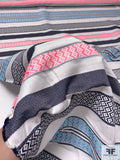Italian Boho Chic Multi-Pattern Striped Cotton Brocade - Denim Blue / Bight Pink / Blue / Off-White
