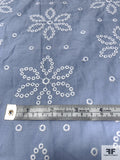 Floral Snowflake Embroidered Cotton Shirting - Pale Cornflower Blue / White
