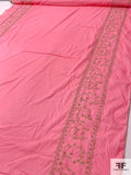 Ornate Leaf Vine Double-Border Metallic Embroidered Cotton Voile - Bubblegum Pink / Gold / Silver