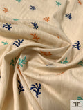 Ditsy Leaf Shrub and Striped Embroidered Cotton Voile - Beige / Navy / Turquoise / Orange