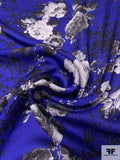 Prabal Gurung Dark Romantic Floral Printed Satin Silk Chiffon - Electric Indigo / White / Black