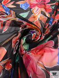 Italian Prabal Gurung Floral Printed Stretch Mesh Tulle - Shades of Coral / Black / Summer Blue