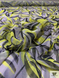 Italian Prabal Gurung Tropical Leaf Inspired Printed Stretch Mesh Tulle - Chartreuse / Grey / Black