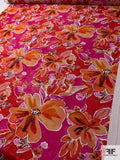 Italian Prabal Gurung Watercolor Floral Printed Stretch Mesh Tulle - Shades of Orange / Magenta / Red