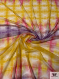 Italian Prabal Gurung Tie-Dye Grid Printed Stretch Mesh Tule - Yellow / Purple / Pink