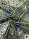 Italian Prabal Gurung Floral Vines Printed Sequins on Tulle - Metallic Lime Green / Blue / Dusty Rose