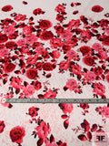 Italian Prabal Gurung Romantic Floral Printed Stretch Polyester Charmeuse Panel - Punch Pink / Strawberry / Off-White