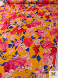 Famous NYC Designer Floral Printed Rayon Satin - Marigold Orange / Pinks / Royal