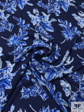 Famous NYC Designer Floral Bouquets Printed Lightweight Rayon Crepe - Navy / Blue / White