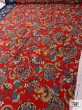 Famous NYC Designer Oriental Rug Inspired Printed Polyester Crepe de Chine - Red / Blues / Tans