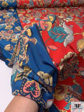 Famous NYC Designer Oriental Rug Inspired Printed Polyester Crepe de Chine - Red / Blues / Tans