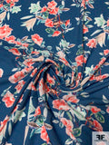 Famous NYC Designer Floral Printed Polyester Georgette - Deep Teal / Hot Coral / Mint / Seafoam