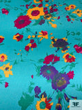 Famous NYC Designer Vibrant Floral Printed Polyester Charmeuse - Turquoise / Magenta / Marigold / Purple