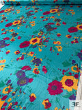 Famous NYC Designer Vibrant Floral Printed Polyester Charmeuse - Turquoise / Magenta / Marigold / Purple