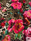 Famous NYC Designer Cheetah and Floral Printed Rayon Crepe - Magenta / Beige / Brown / Greens
