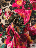 Famous NYC Designer Cheetah and Floral Printed Rayon Crepe - Magenta / Beige / Brown / Greens